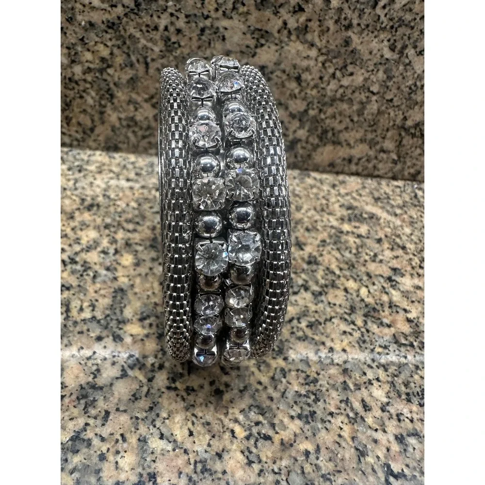 Silver Tone Sparkly‎ Rhinestone Wide Bangle Bracelet Womens Cuff Costume Jewelry
